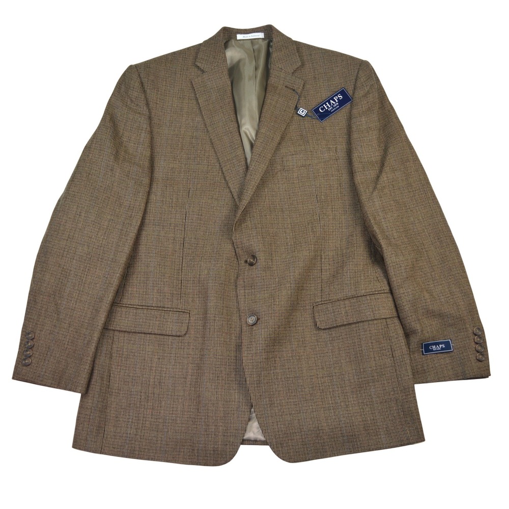 NWT CHAPS‎ Mens 44L Wool Sport Coat Blazer Jacket Tan Plaid Classic Fit 2 Button